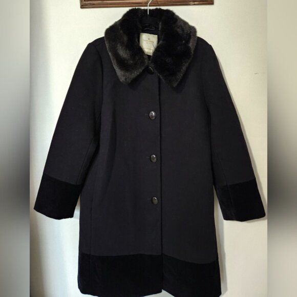 Kate Spade Faux Fur Collar Velvet Trim Black Wool Blend Coat 14 - Picture 5 of 8